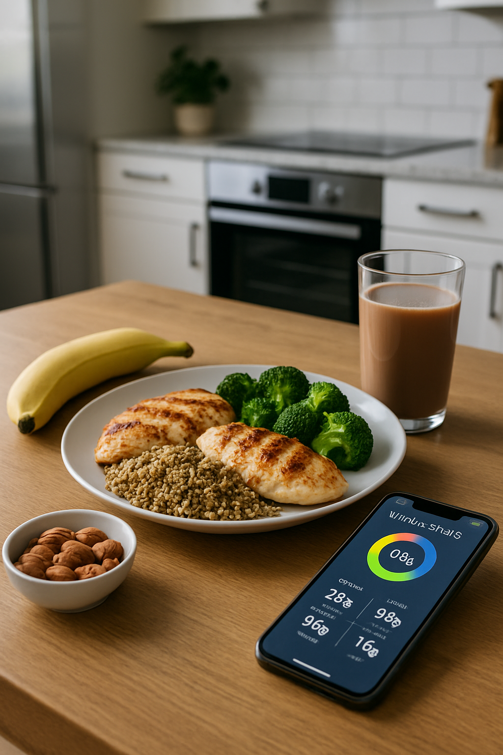 An athlete viewing their meal with the SnapEat AI nutrition app interface showing macronutrient breakdown.