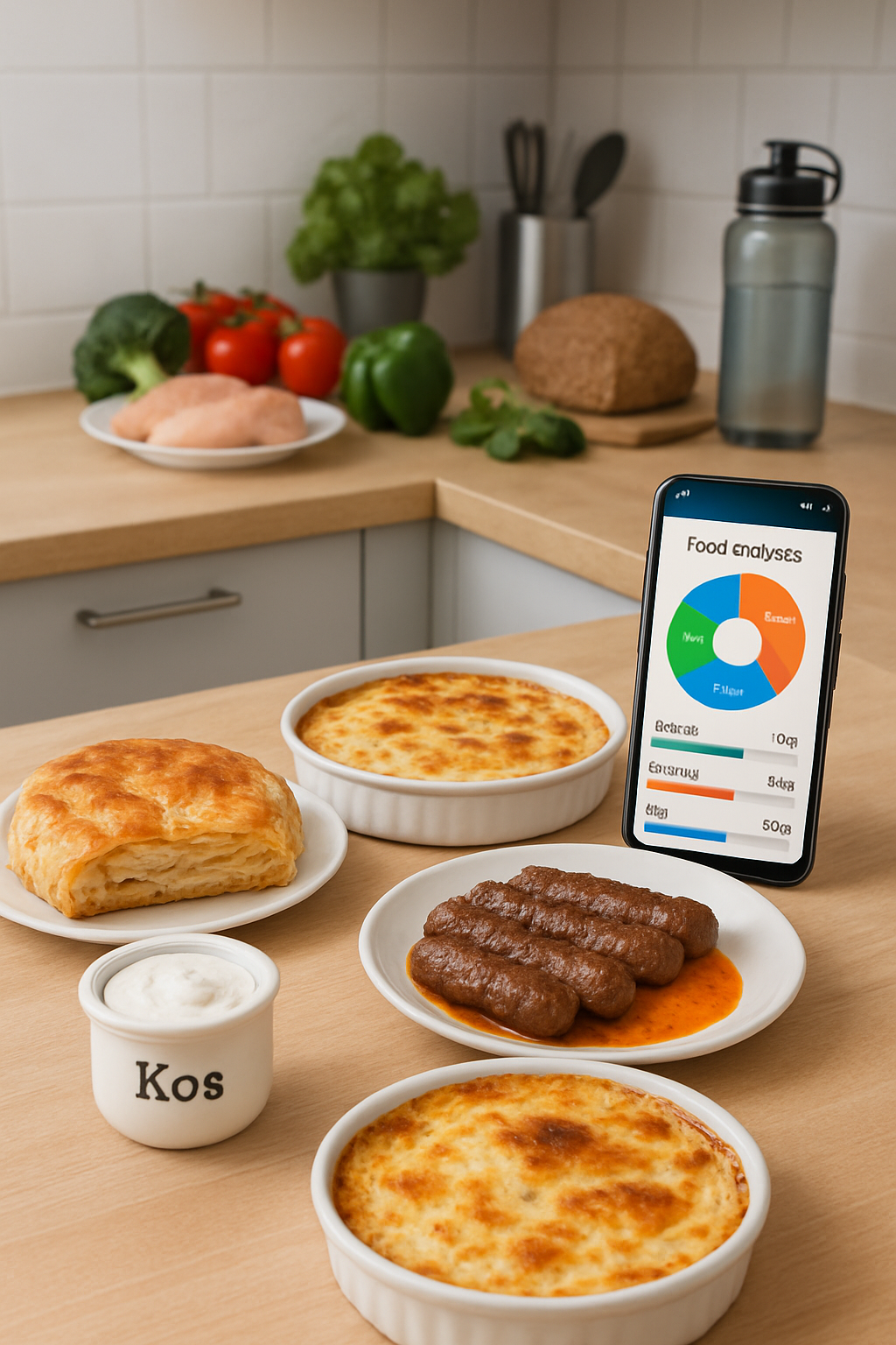 A smartphone showing the SnapEat AI app analyzing a traditional Kosovo meal of qebapa and byrek.