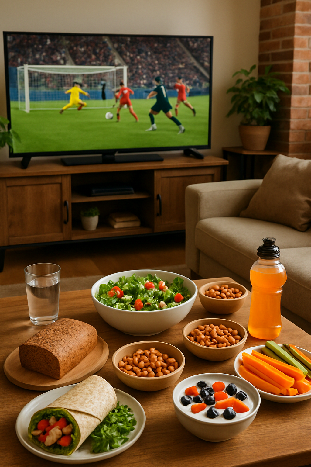 A plate of healthy game day food including a grilled chicken wrap and a fresh salad, demonstrating good sports fan nutrition.