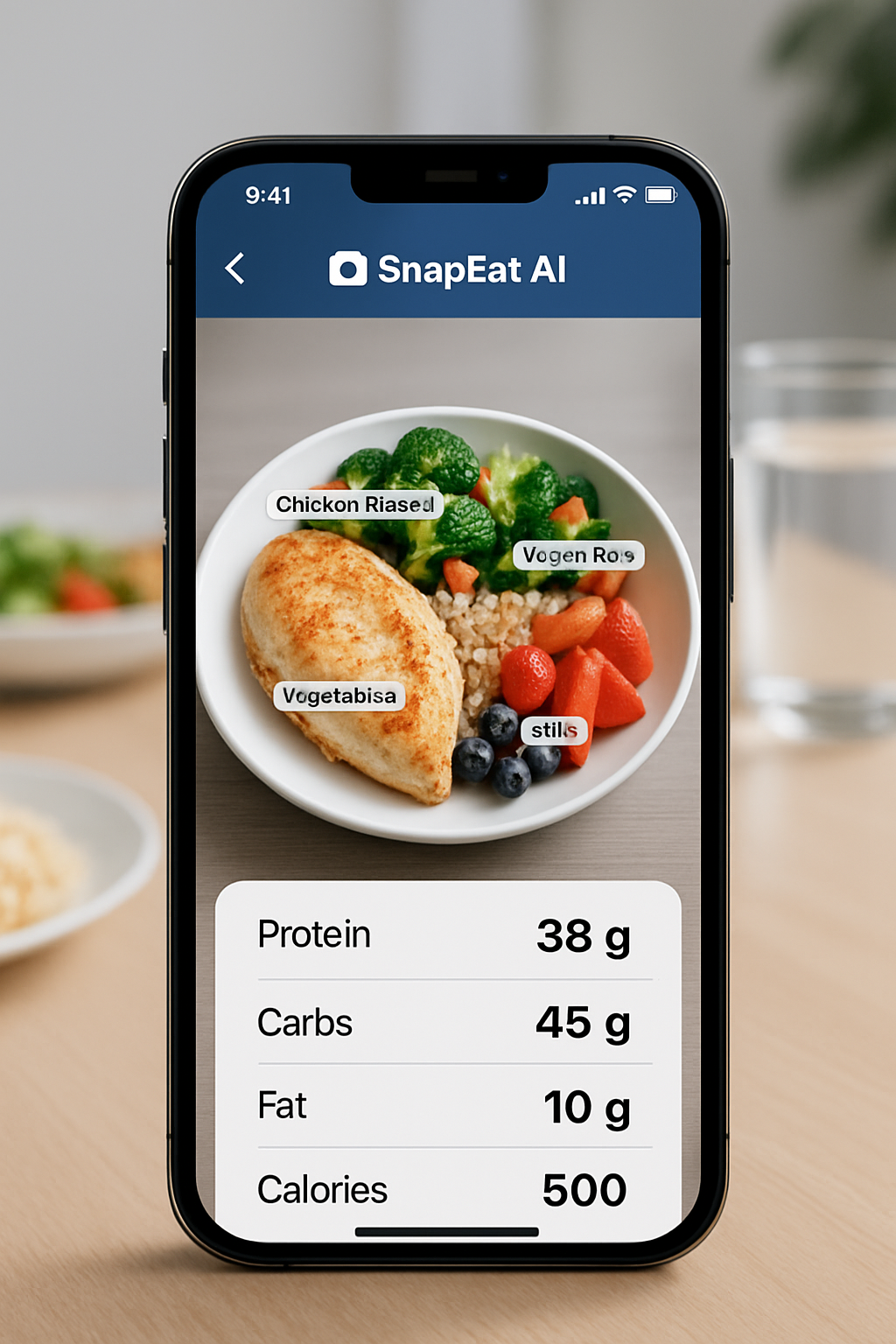 User taking a photo of a healthy salad with the SnapEat AI nutrition tracker app on their phone