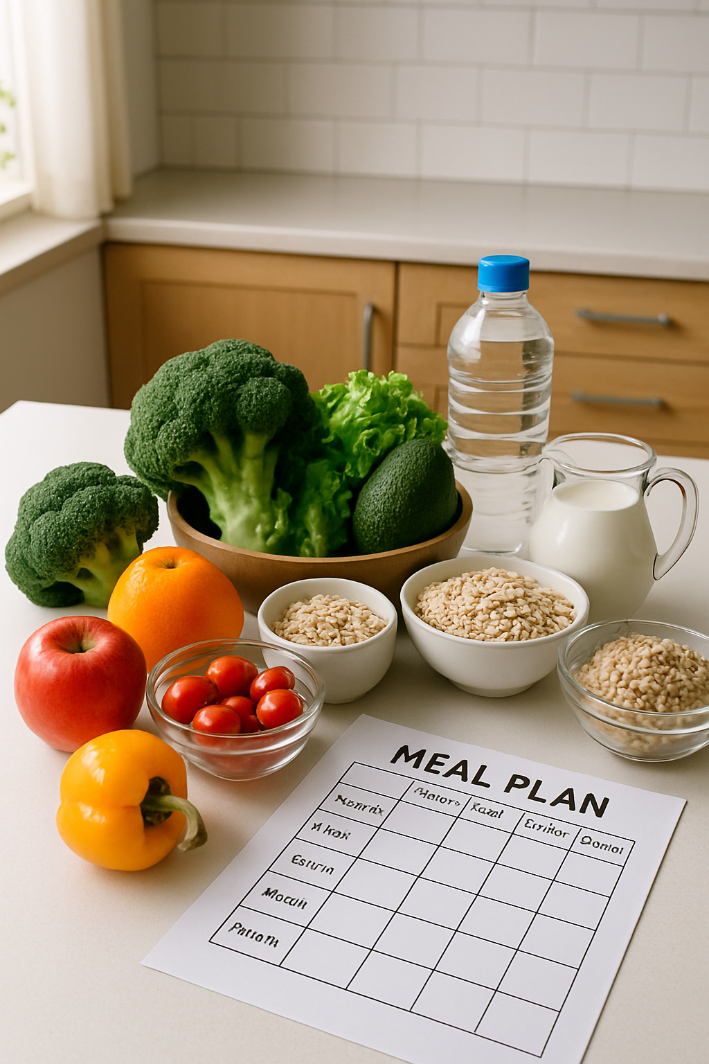 A healthy meal with fruits and vegetables next to a smartphone showing the SnapEat AI app interface.