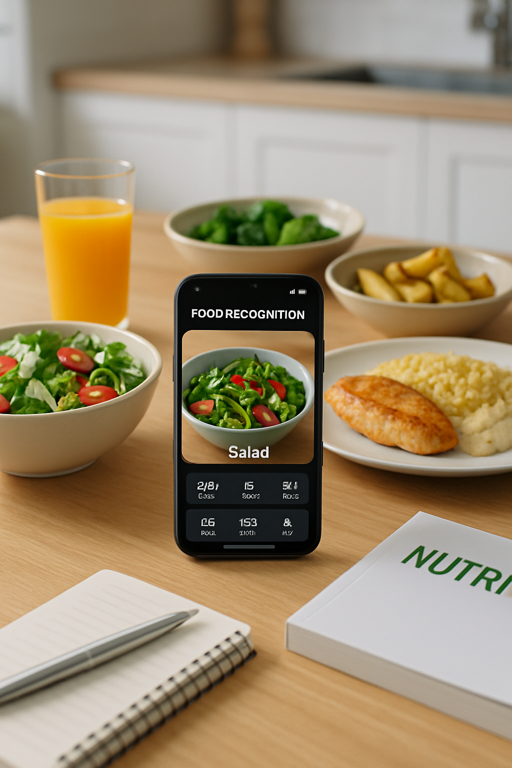 Smartphone showing the SnapEat AI app analyzing a healthy meal of salmon and vegetables with an overlay of nutritional data