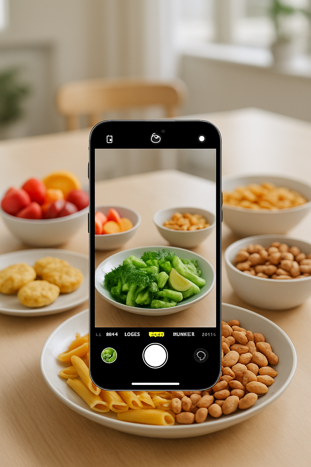 Smartphone showing the SnapEat AI food tracker app analyzing a photo of a healthy meal with salmon and vegetables.