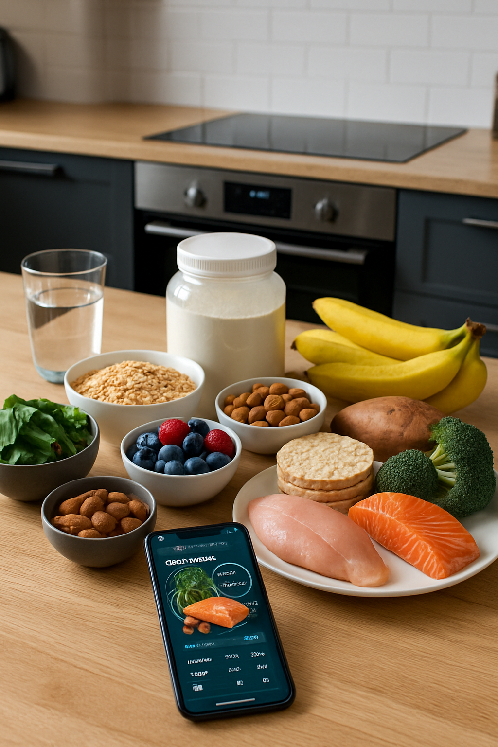 Athlete using SnapEat AI app on phone to track a peak performance meal of grilled chicken, sweet potato, and broccoli.