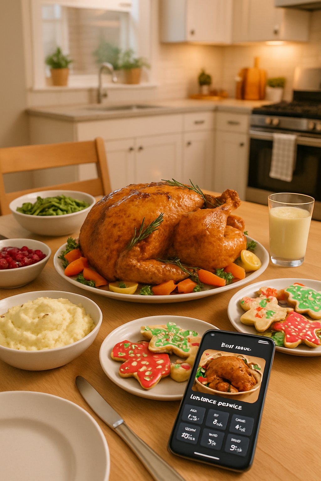A smartphone displaying the SnapEat AI nutrition tracker app, analyzing a festive holiday meal on a plate.