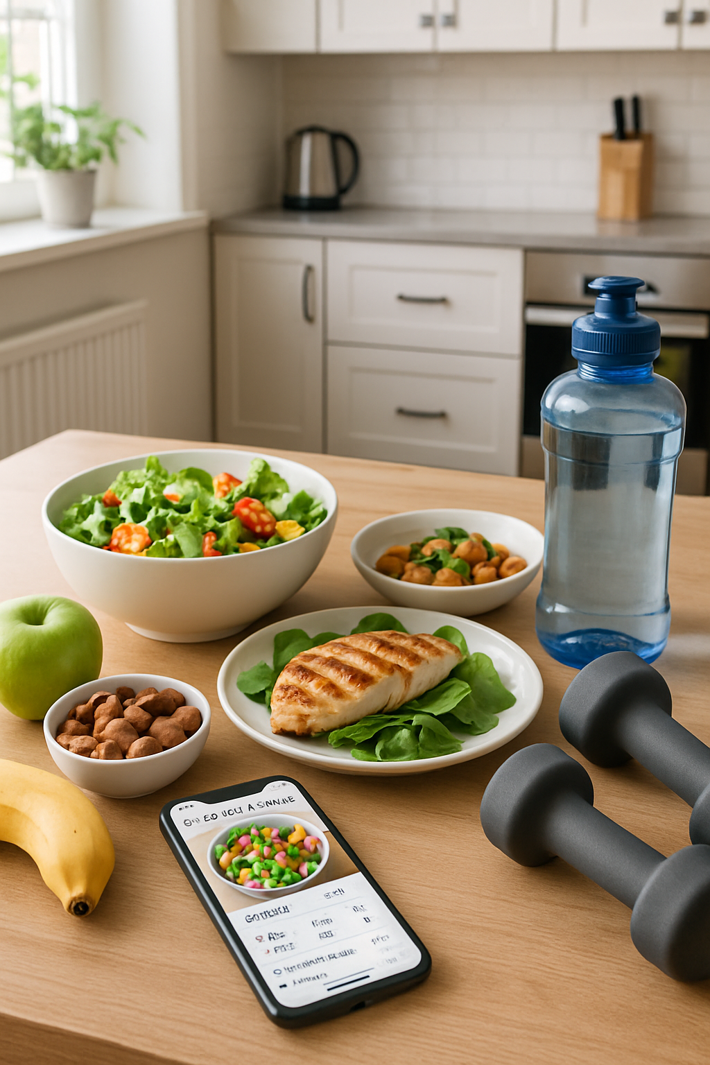 A happy father using the SnapEat AI health coach on his smartphone to easily track the calories of his meal from a photo.