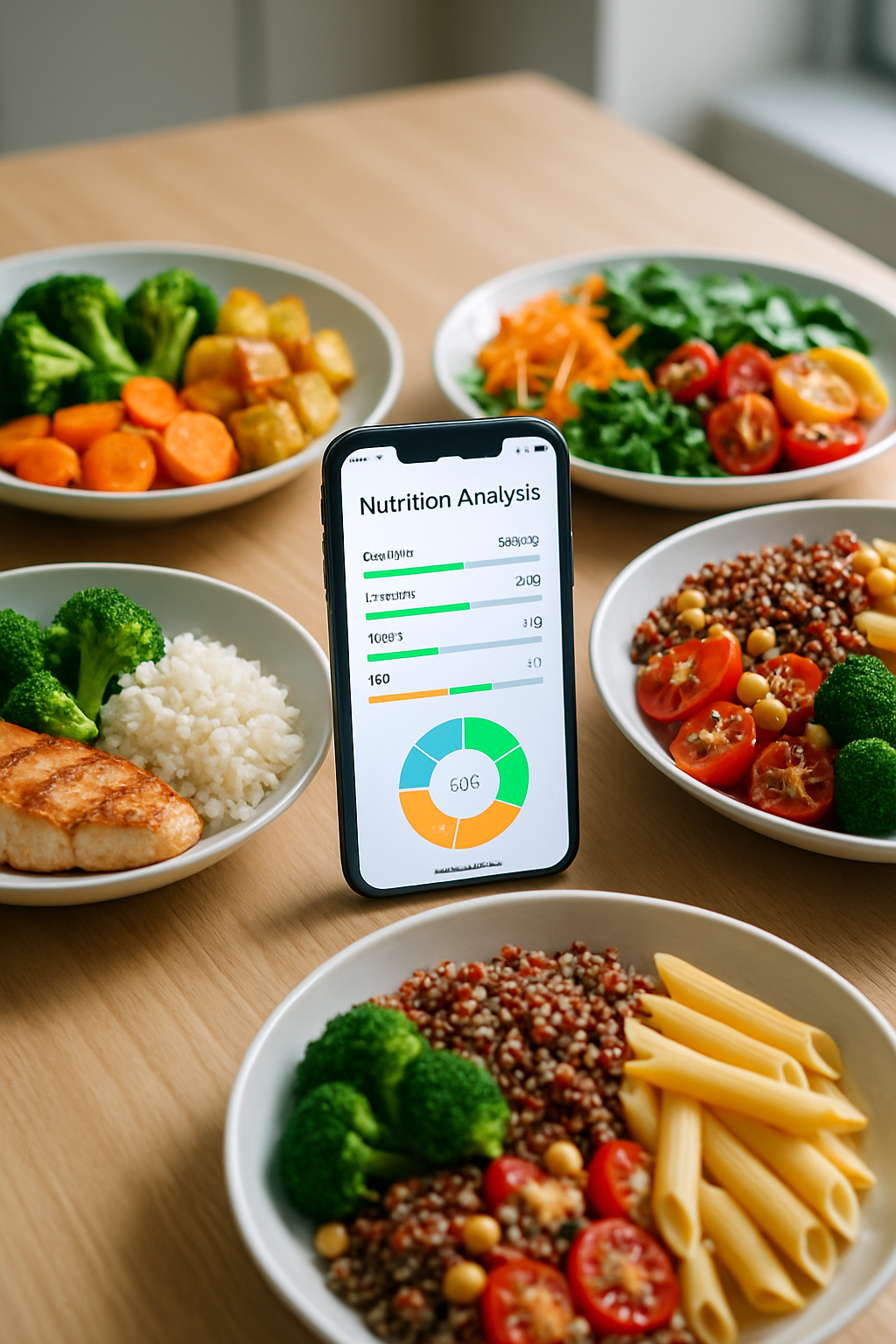A smartphone showing the SnapEat AI nutrition tracker app analyzing a picture of a healthy meal with salmon and vegetables.