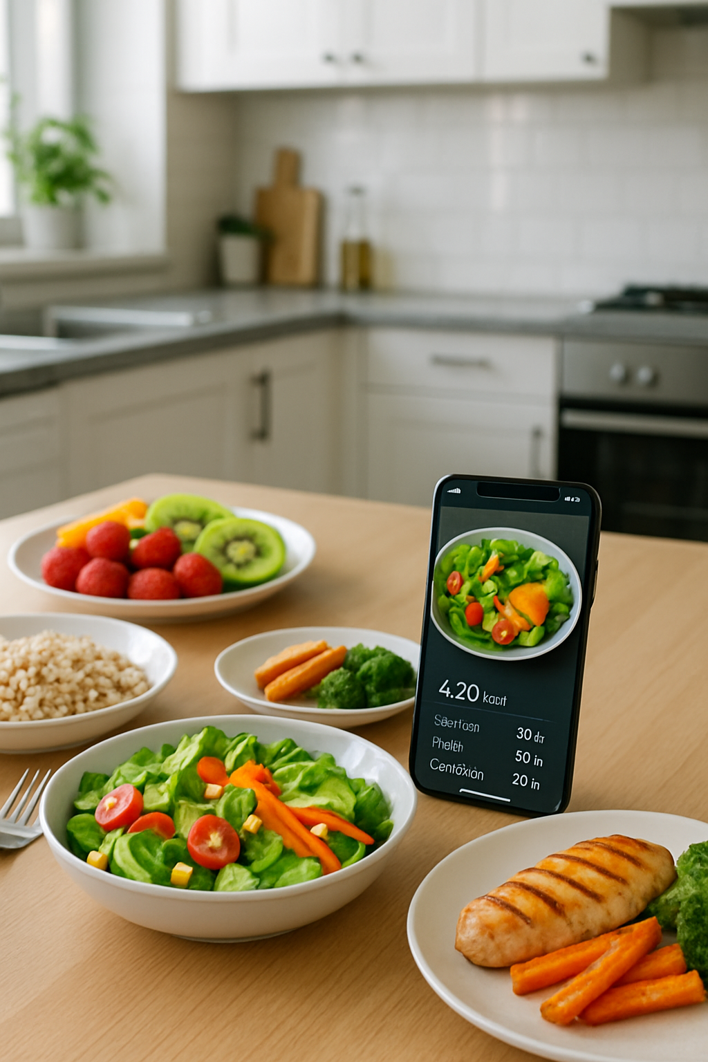 A smartphone displaying the SmartCal Track app interface, which has analyzed a photo of a healthy meal with nutritional data overlayed.