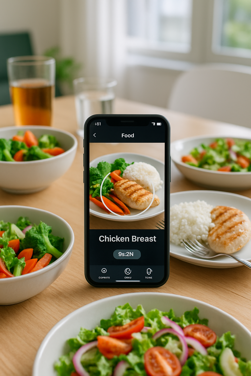 A smartphone displaying the FoodLens AI calorie tracker interface, using food recognition on a meal of salmon and vegetables.
