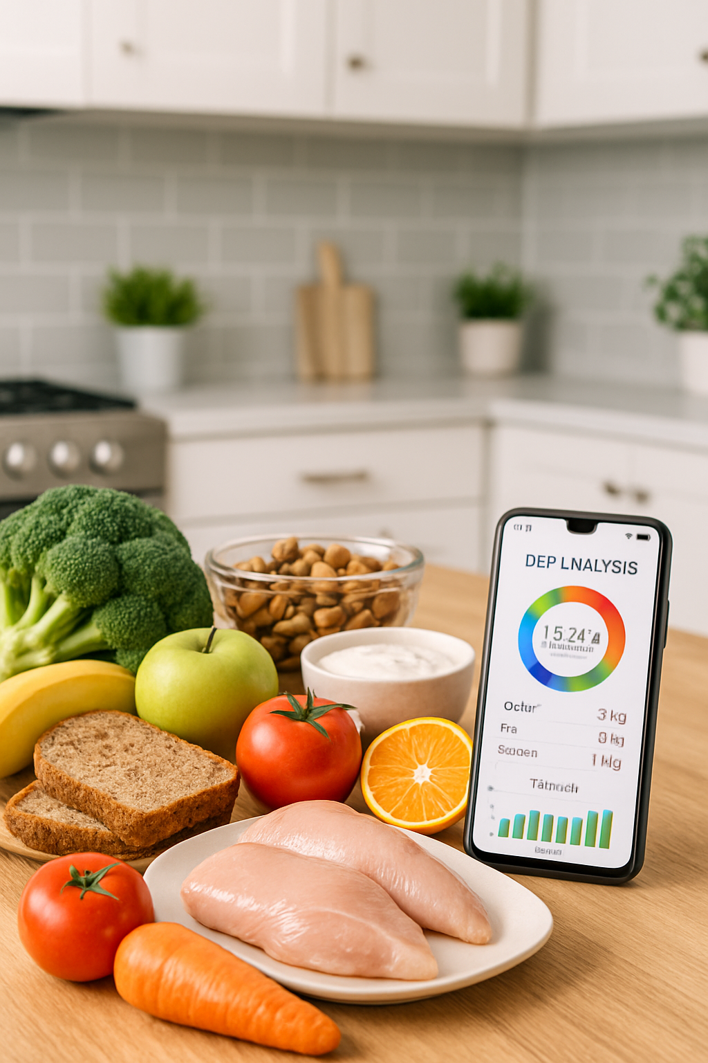A smartphone screen displaying the SnapEat AI app interface, showing a nutritional breakdown of a meal from a photo.