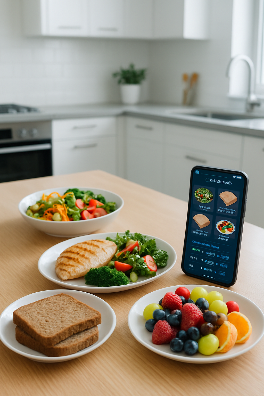 A smartphone displaying the SnapEat AI food recognition app interface, showing the calorie and macronutrient breakdown of a healthy meal.