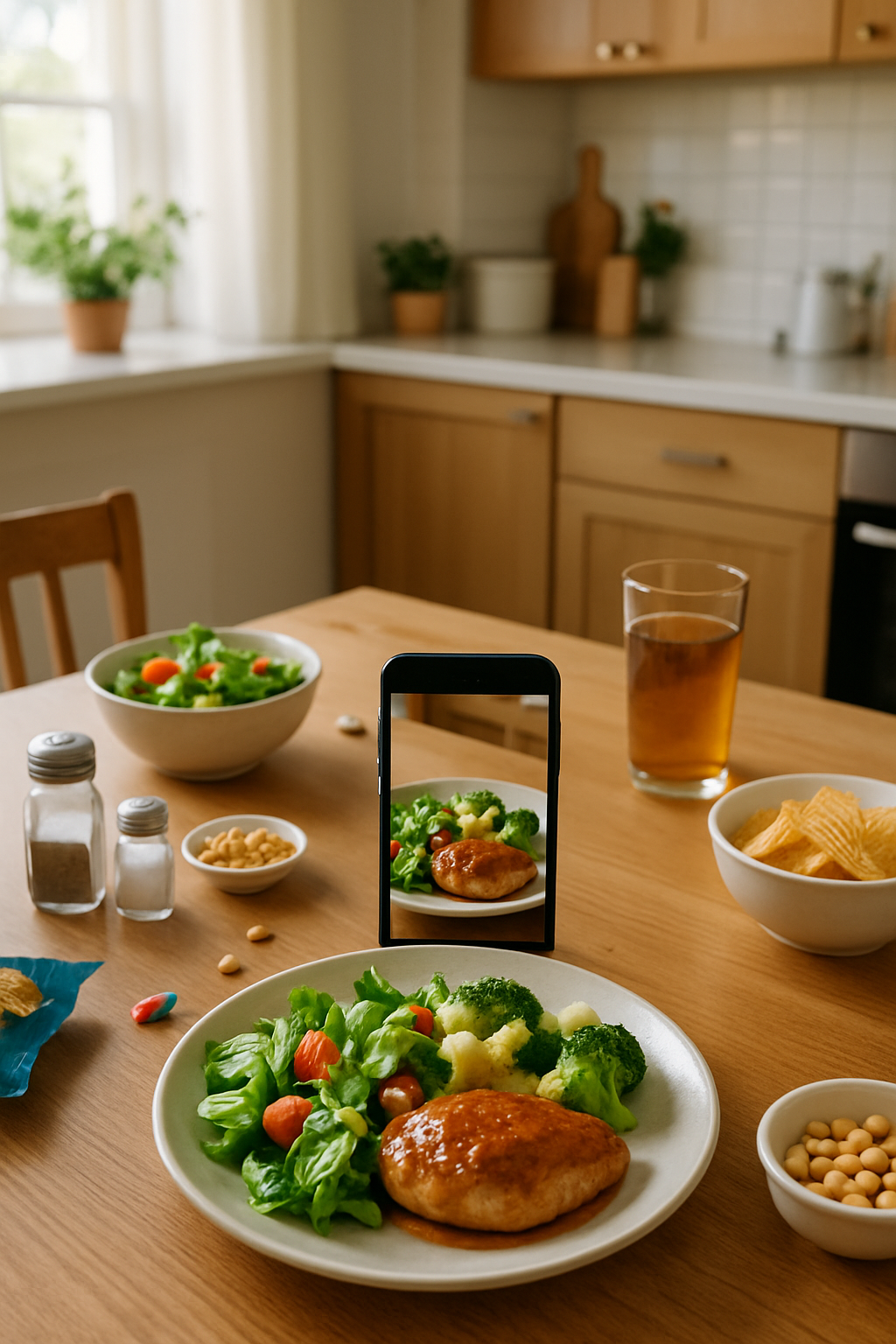 A smartphone displaying the SnapEat AI food tracker app analyzing a photo of a healthy meal of salmon and vegetables.