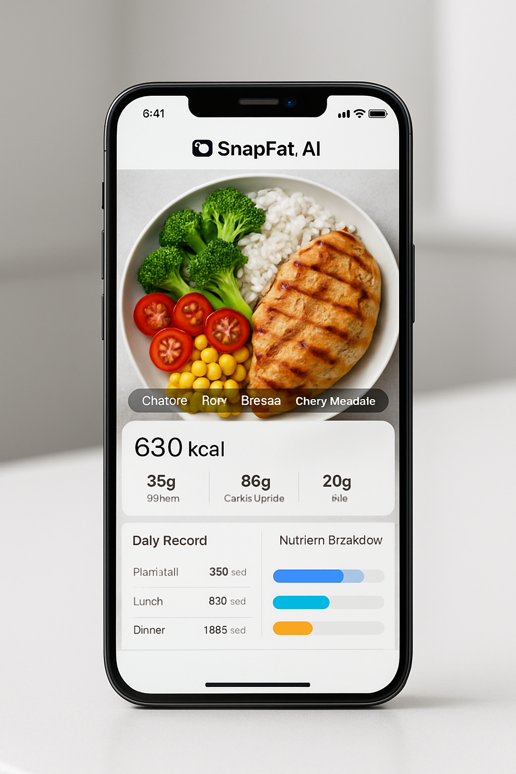 Smartphone showing the SnapEat AI smart food tracker app analyzing a healthy meal of salmon and vegetables.