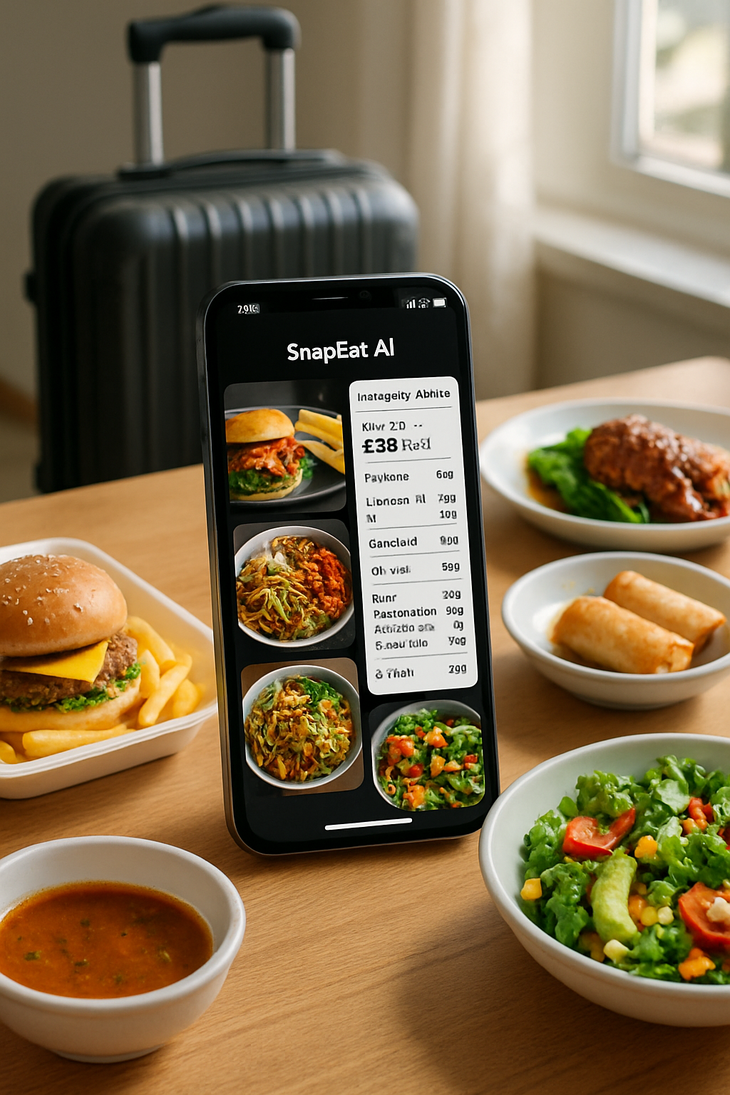 A person uses the SnapEat AI travel nutrition coach app to snap a photo of their healthy meal at a cafe.