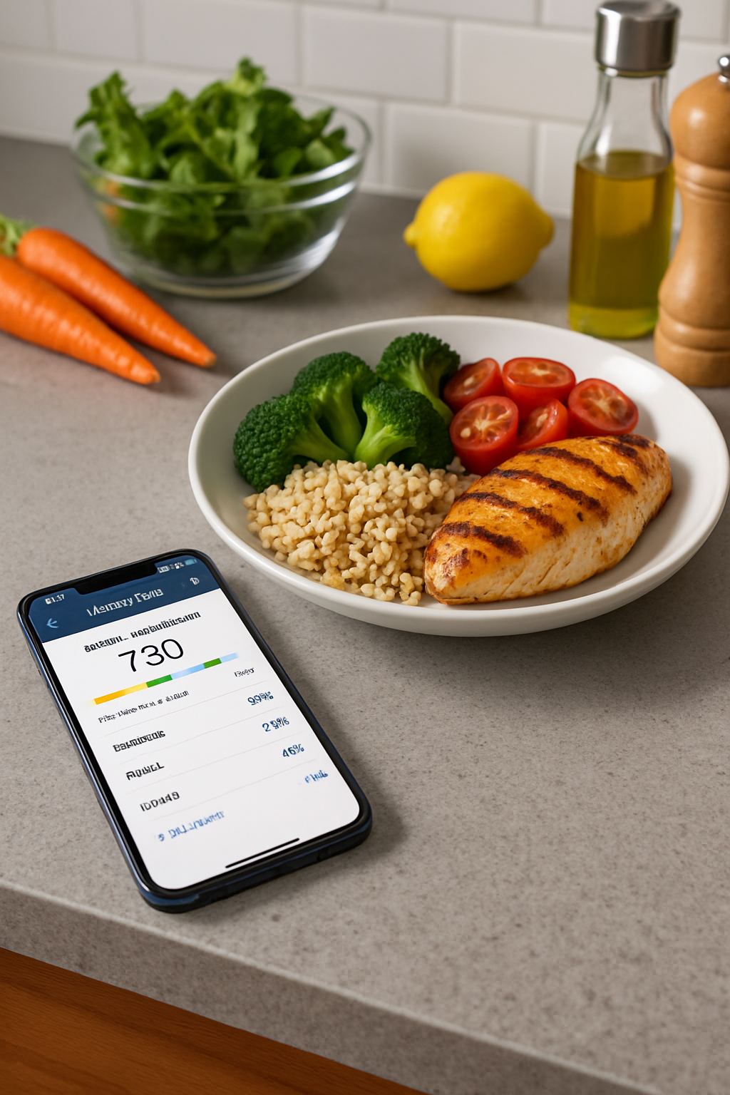 A smartphone displaying the SnapEat AI app interface, showing a photo of a healthy meal with its nutritional breakdown
