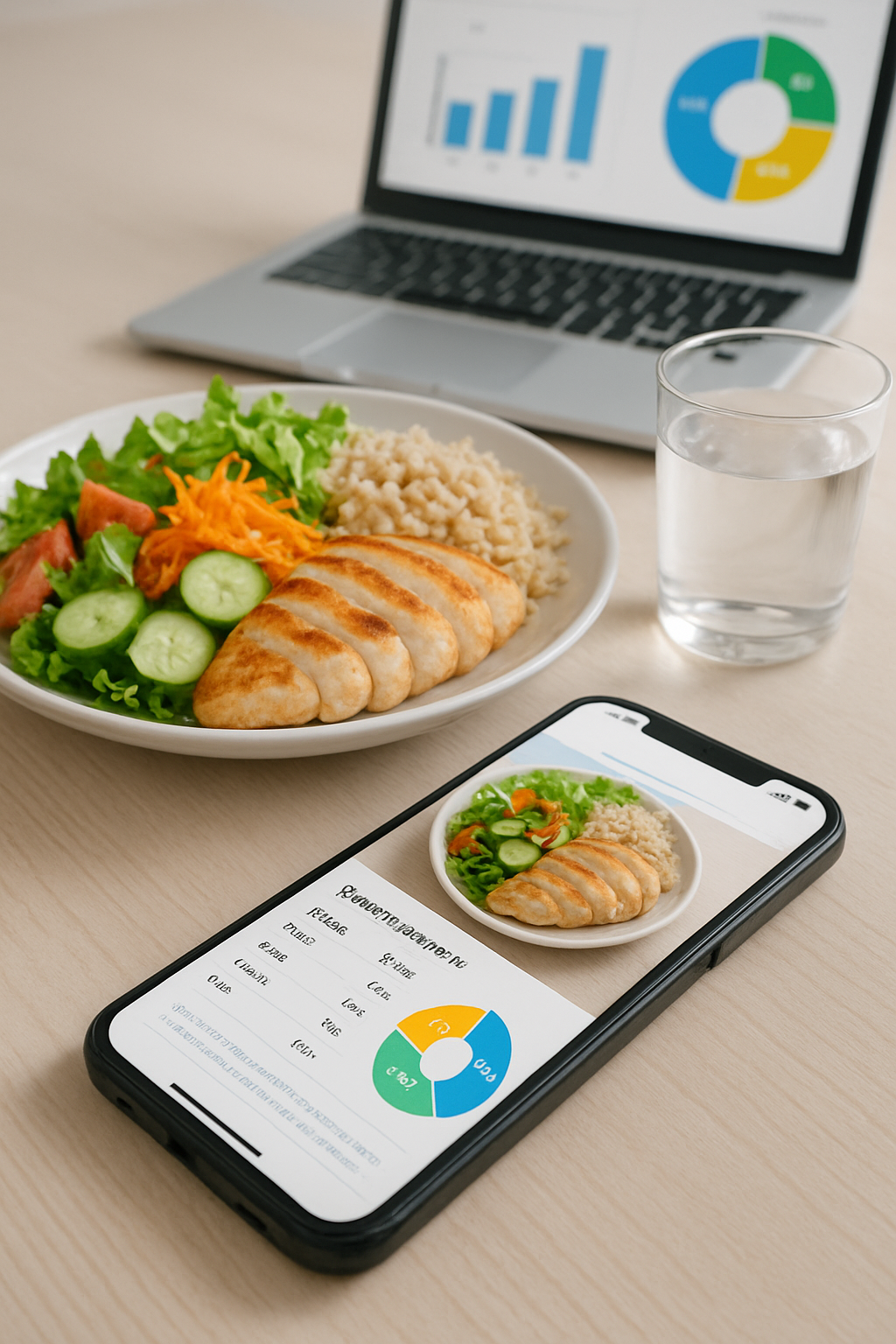 User holding a smartphone with the SnapEat AI app open, showing a photo of a meal with its nutritional breakdown.
