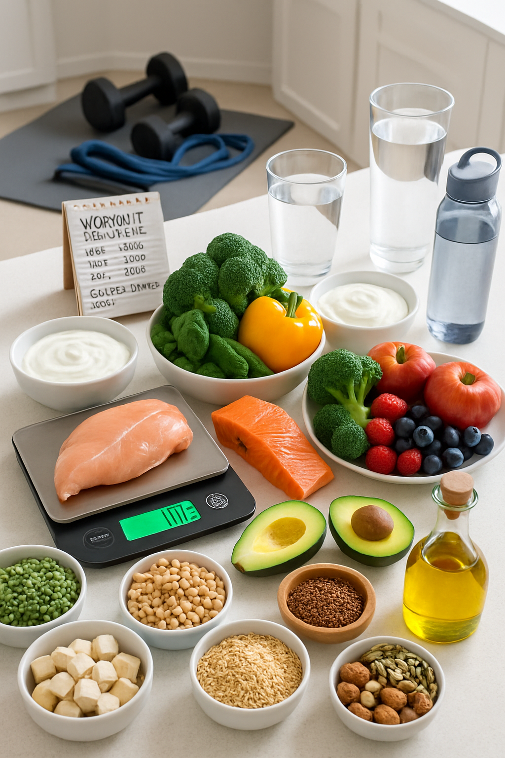 A vibrant plate of healthy food next to a water bottle and dumbbells, symbolizing the key elements of how to lose weight fast safely.