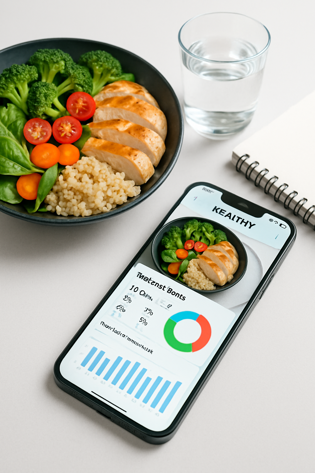 A smartphone screen showing the SnapEat AI smart calorie tracker app analyzing a healthy meal from a photo.