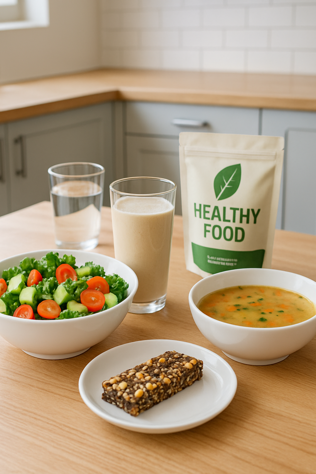 A smartphone displaying the SnapEat AI app interface with healthy food in the background.