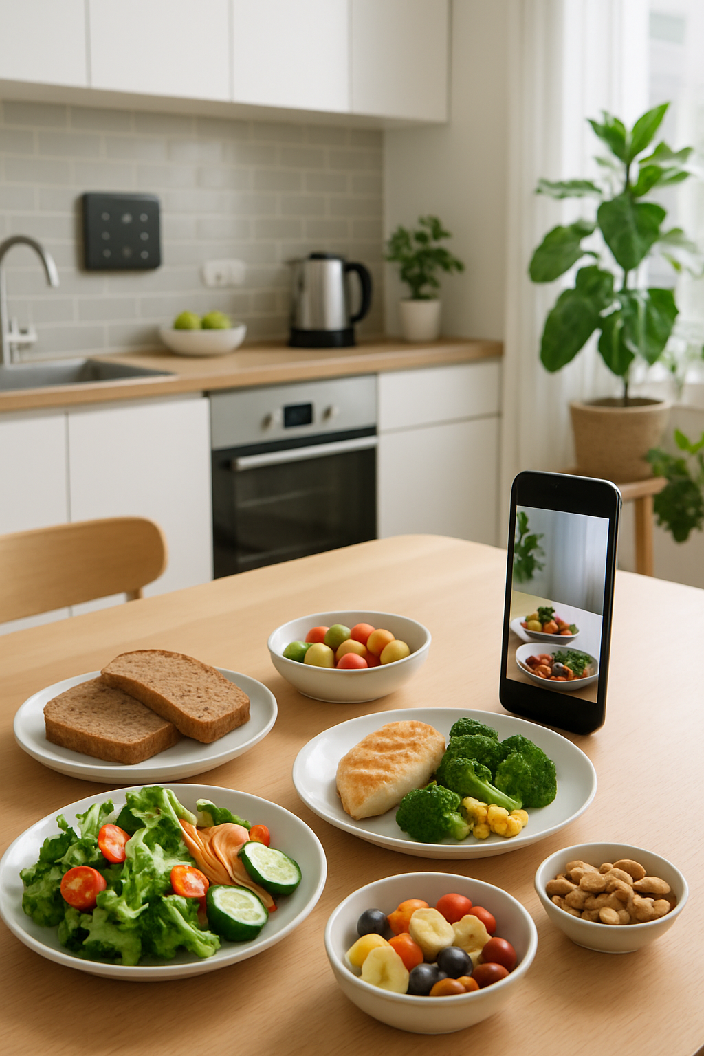 Smartphone showing the SnapEat AI smart calorie counter app interface, analyzing a photo of a healthy meal.