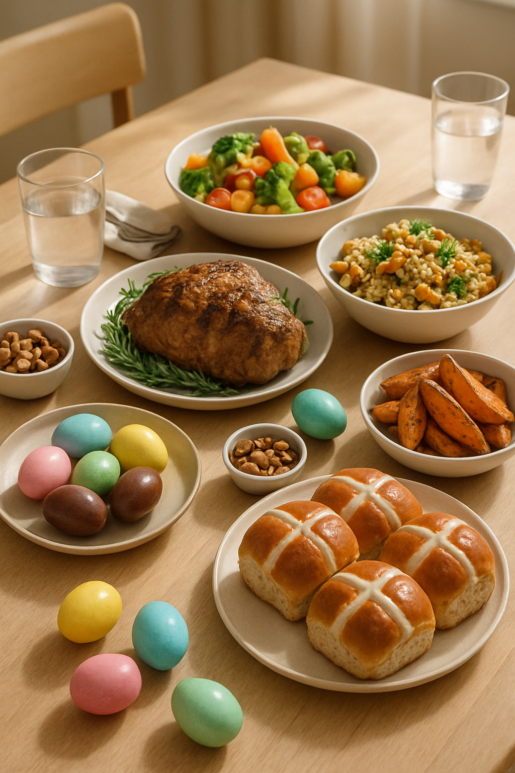 A healthy Easter meal on a plate with a phone showing the SnapEat AI app for meal tracking.