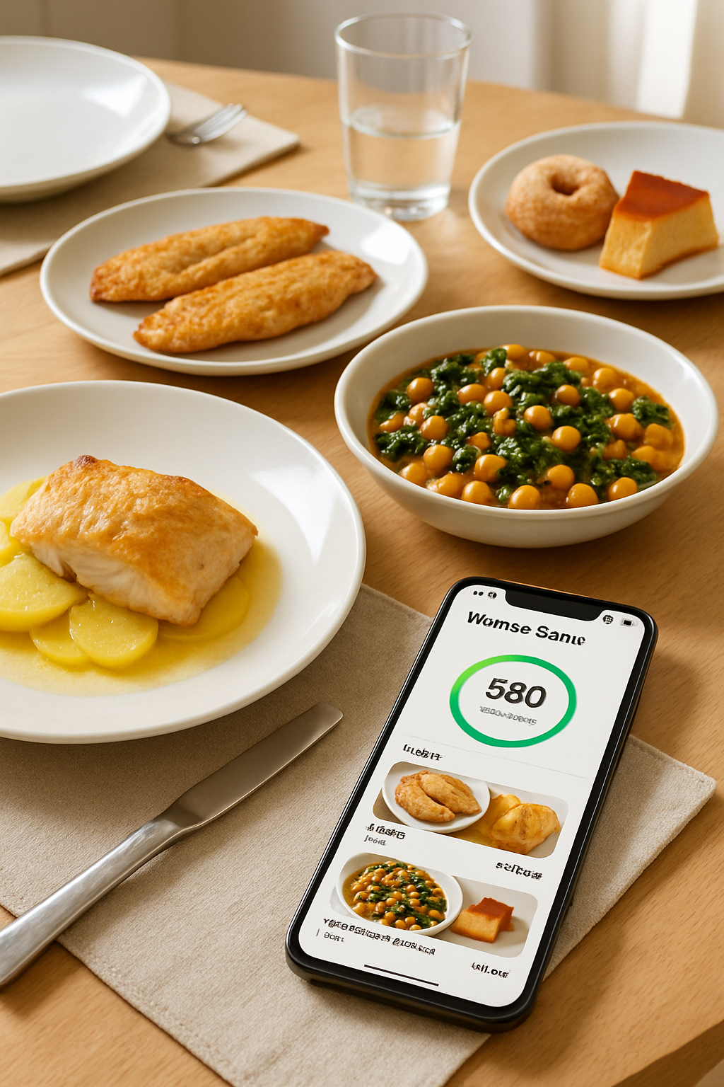 A smartphone displaying the SnapEat AI app interface, analyzing a traditional Viernessanto meal of fish and stew.