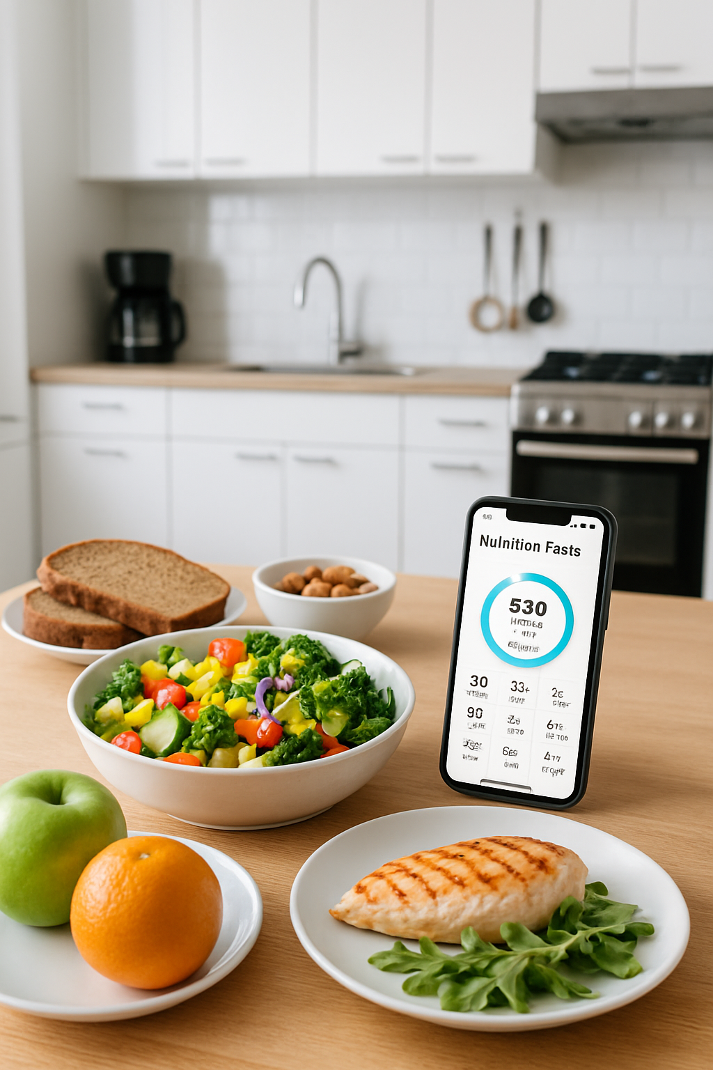 Smartphone displaying the SnapEat AI nutrition coach app interface, analyzing a bowl of salad with its food recognition technology.