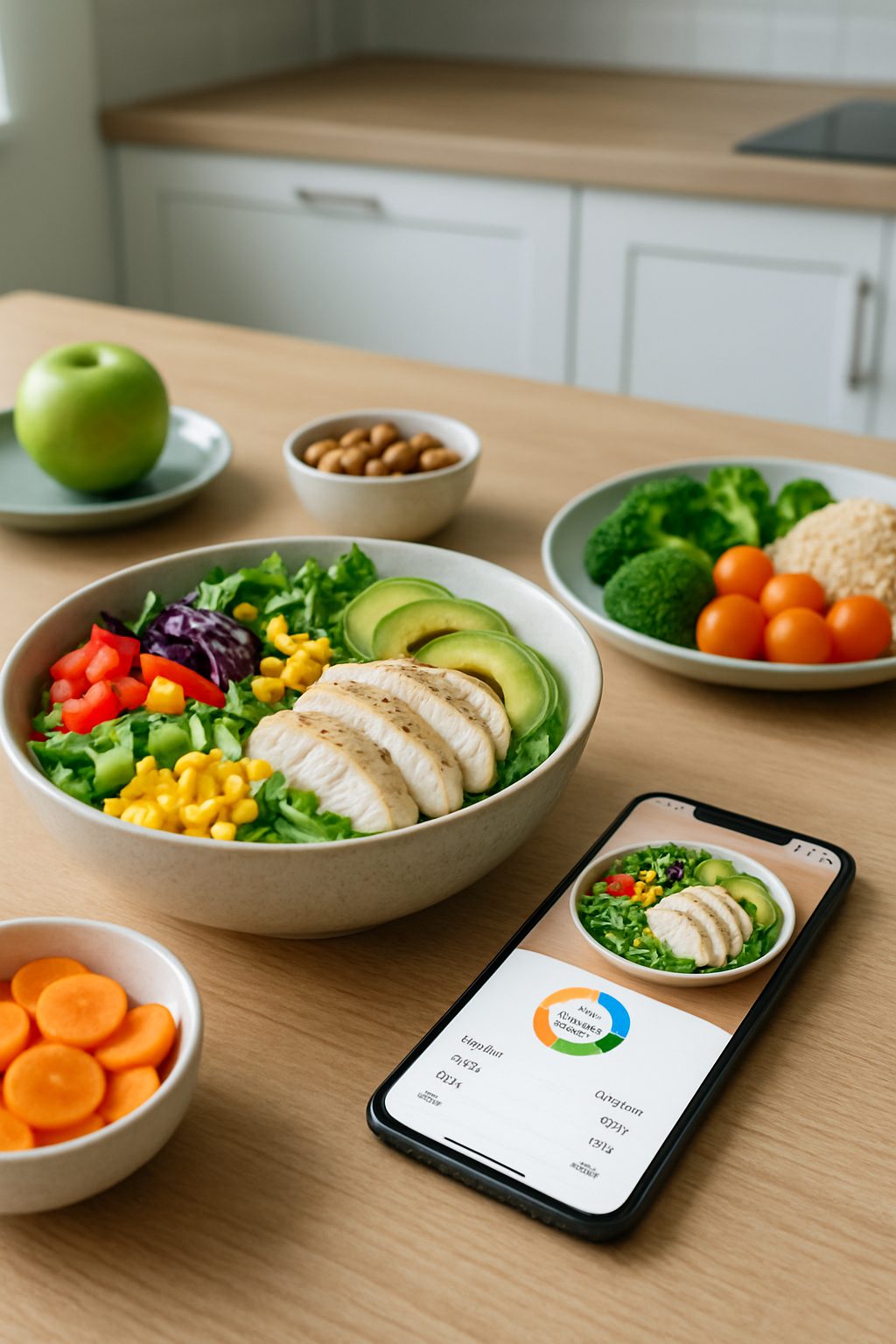 Smartphone showing the SnapEat AI app analyzing a healthy meal photo for smart calorie tracking.