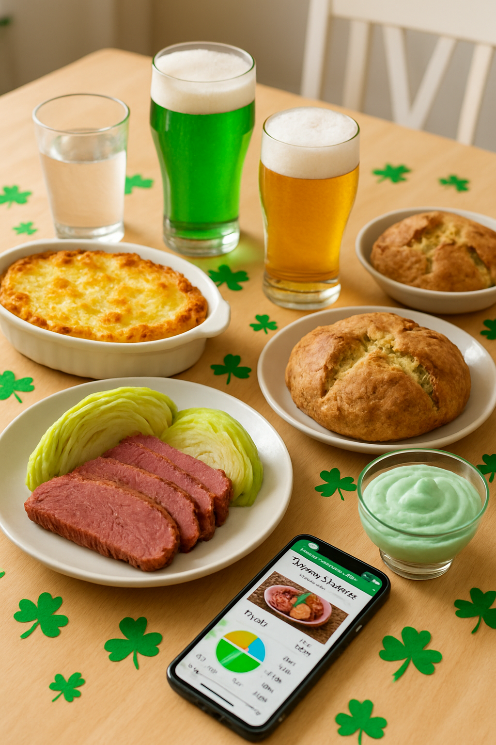 A healthy St. Patrick's Day plate with lean corned beef and cabbage, being analyzed by the SnapEat AI nutrition coach app on a phone.