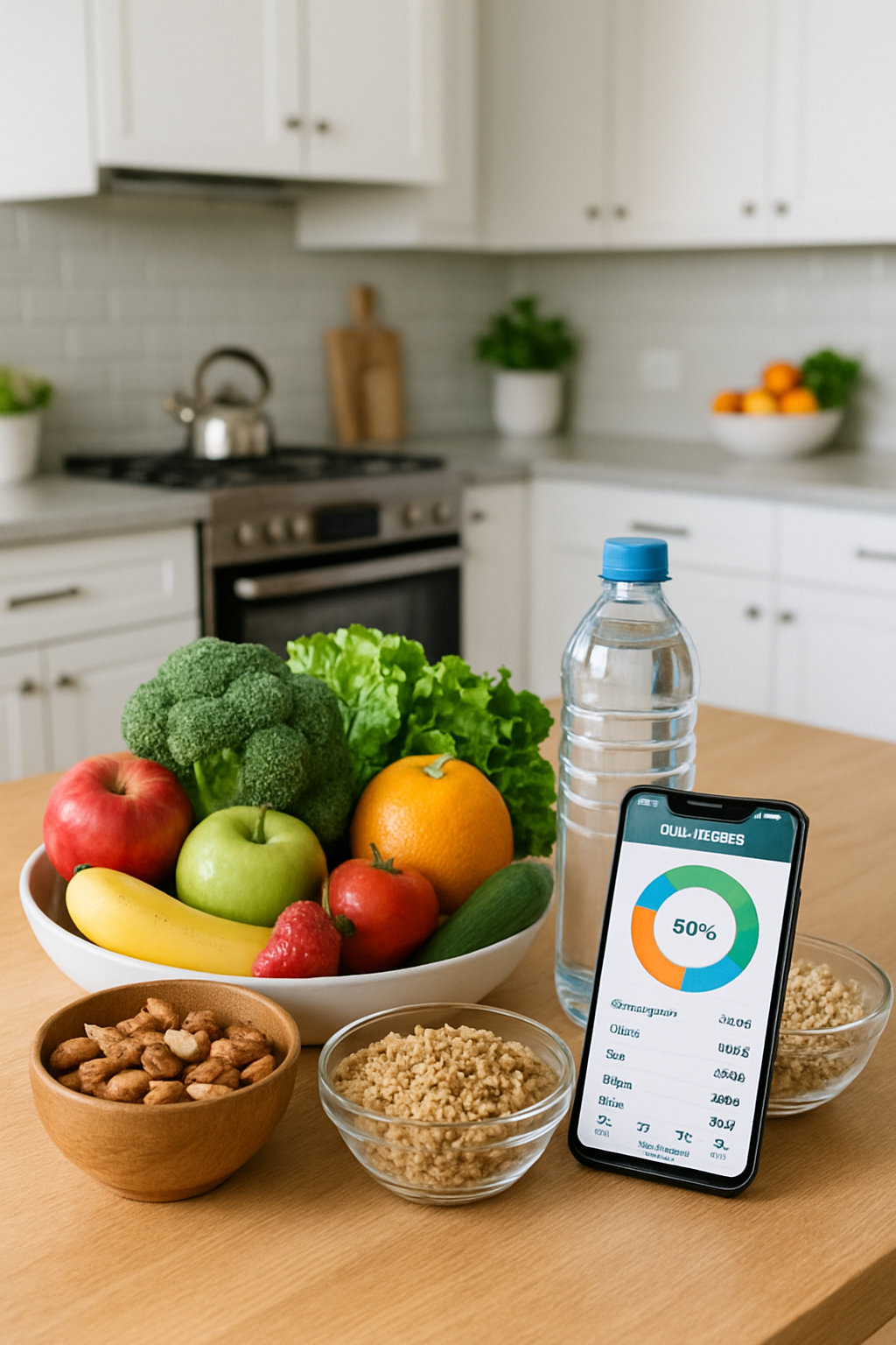 A healthy meal of salmon and vegetables with a phone showing the SnapEat AI app, illustrating how to transform your diet.
