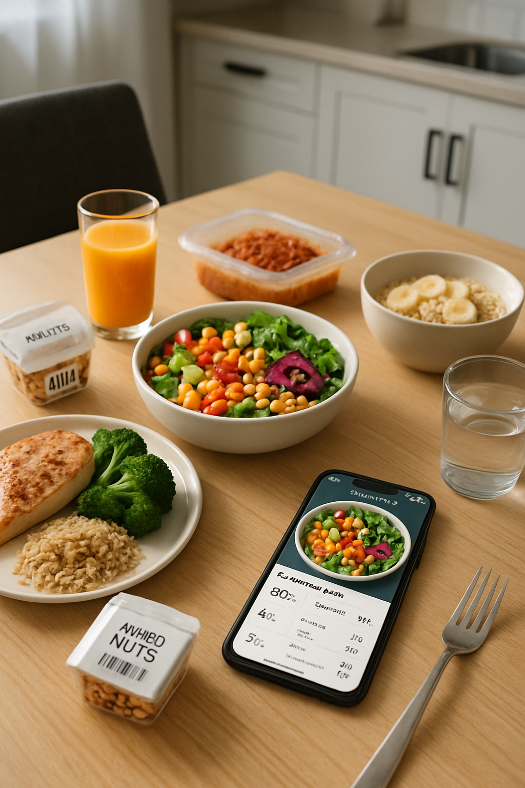 A smartphone showing the SnapEat AI calorie counter app identifying food items from a photo of a healthy meal.