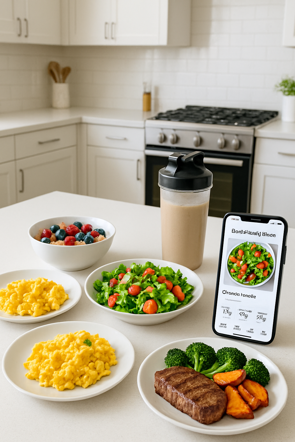 A smartphone displaying the SnapEat AI nutrition tracker app with a photo of a healthy meal being analyzed for its nutritional content.