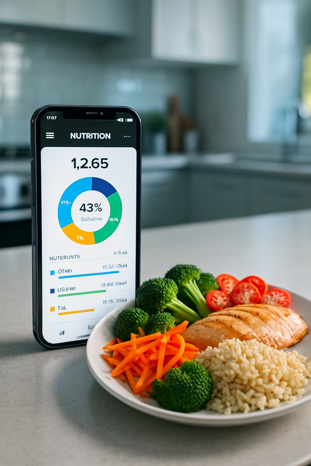 Smartphone displaying the Diet Photo Coach app interface after scanning a healthy meal of chicken, broccoli, and rice.