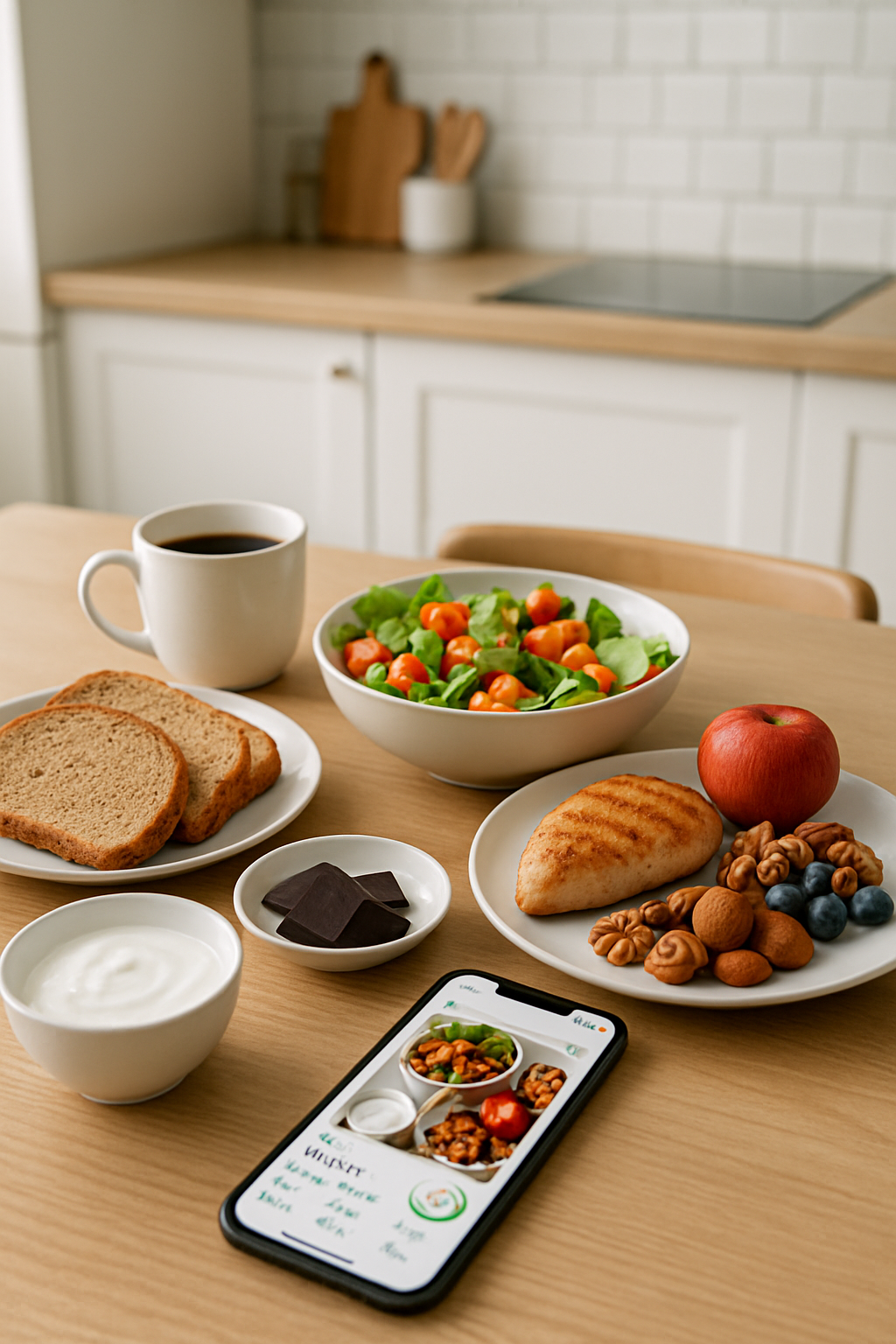 A woman taking a photo of her vibrant salad with the SnapEat AI nutrition app, embracing a smart and chic eating lifestyle.