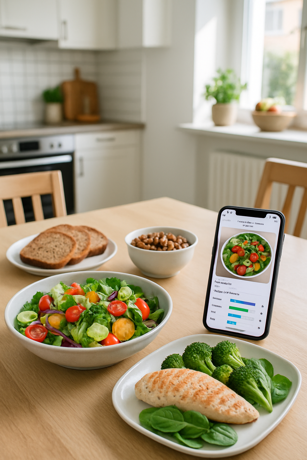 Smartphone displaying the SnapEat AI nutrition tracker app with a photo of a healthy meal, symbolizing an easy health journey comeback.