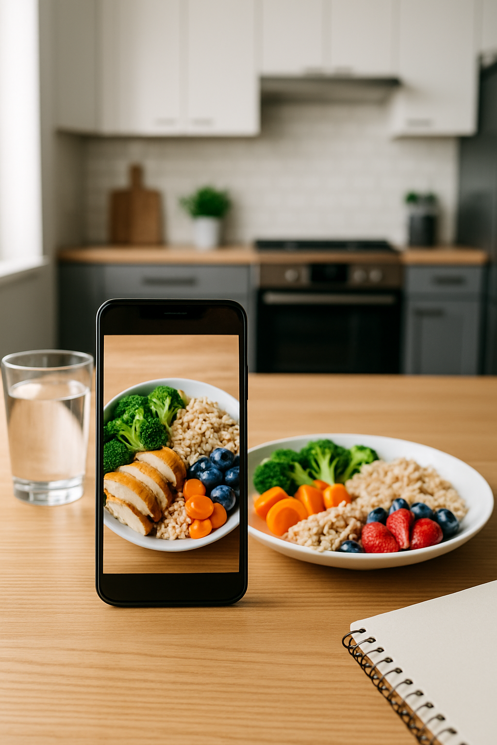 A smartphone showing the SnapEat AI calorie tracker interface, analyzing a meal photo and displaying nutrition facts.