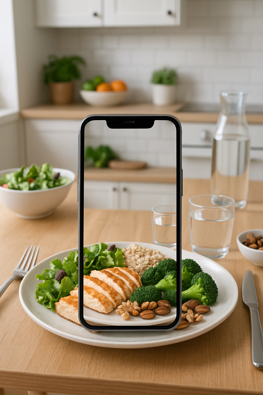 A person using the SnapTrack AI food tracker app on their phone to analyze the nutrition of a healthy salad.