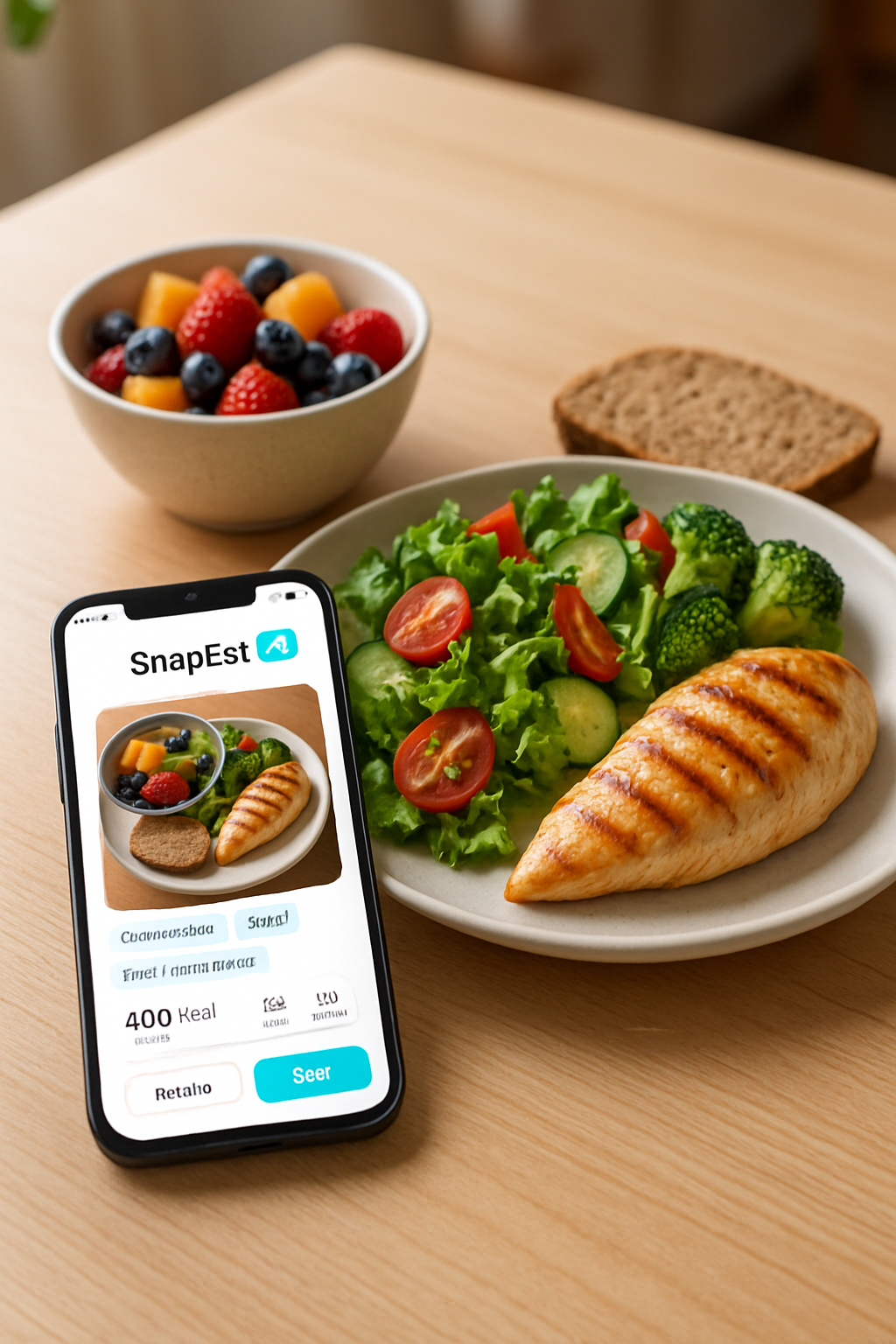 Man holding a phone with the SnapEat AI food recognition app analyzing a healthy meal of chicken and vegetables.