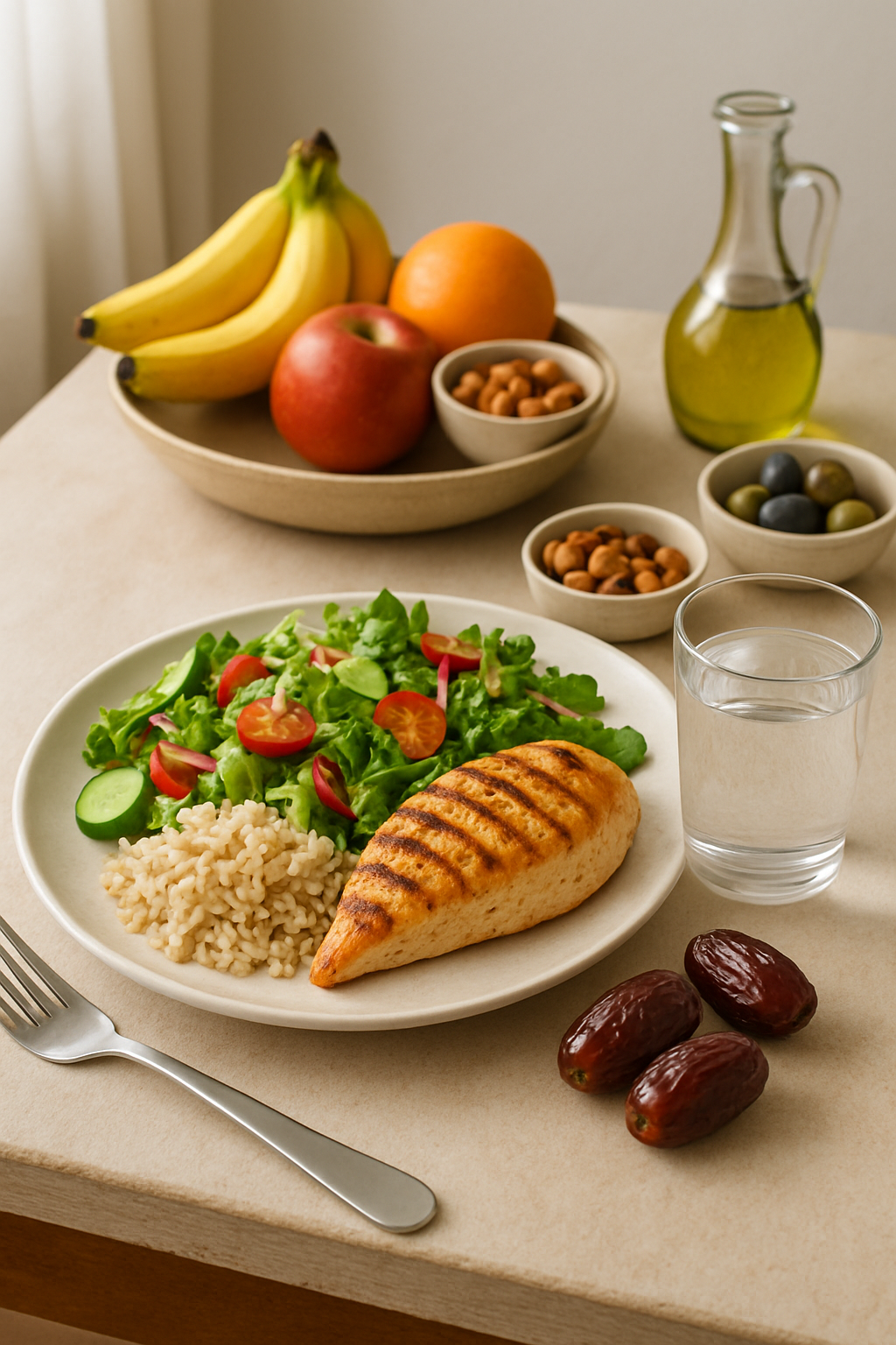A balanced and healthy Ramadan meal on a plate with SnapEat AI app interface overlay showing calorie count.