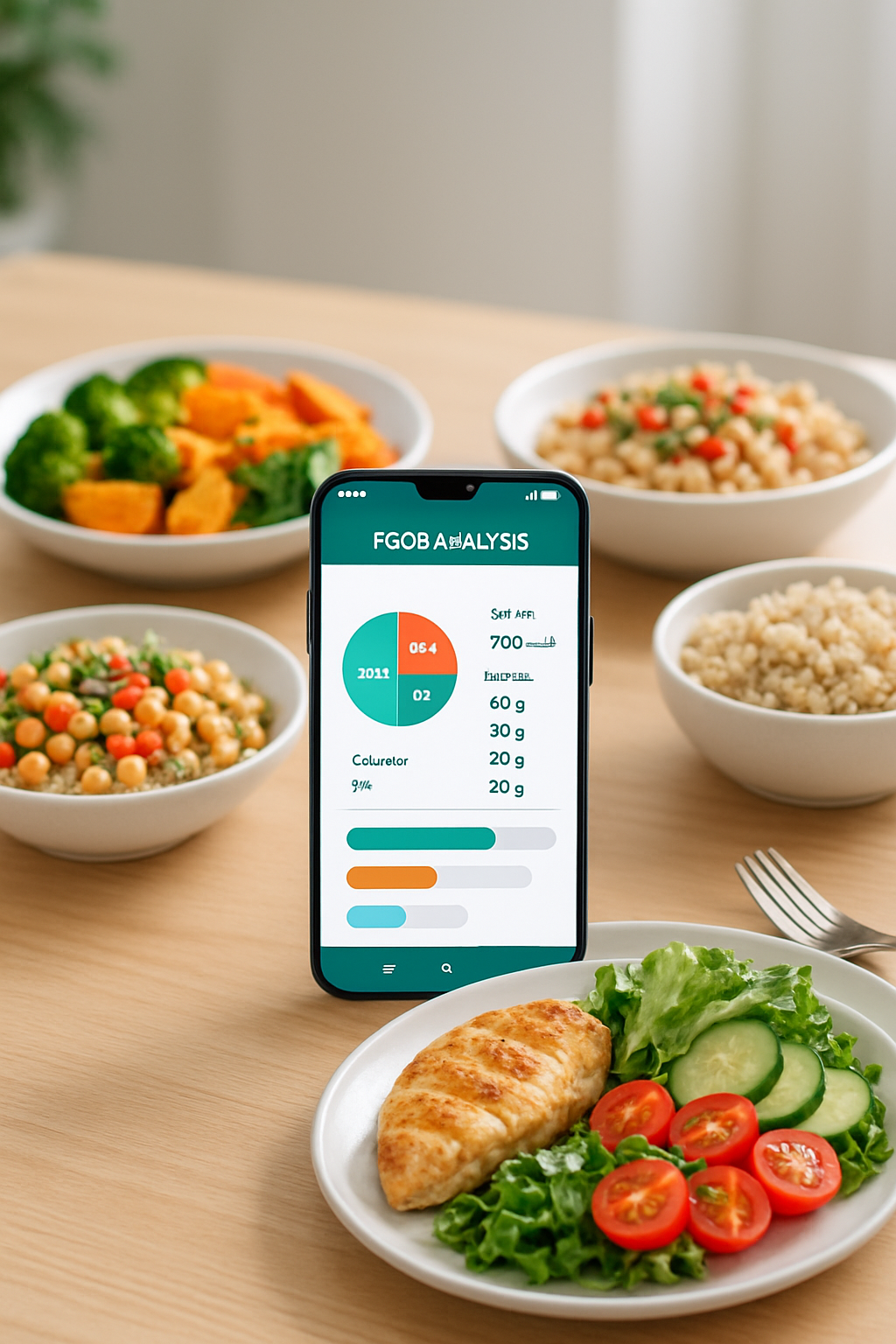 A smartphone displaying the SnapEat AI app interface analyzing a plate of healthy food with its food recognition technology.