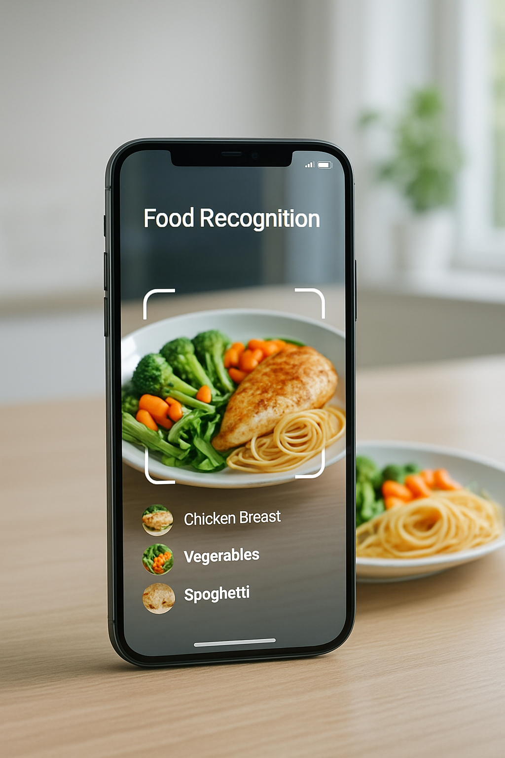 Smartphone showing the Calorie Snap app using food recognition to analyze a healthy meal for smart calorie tracking.
