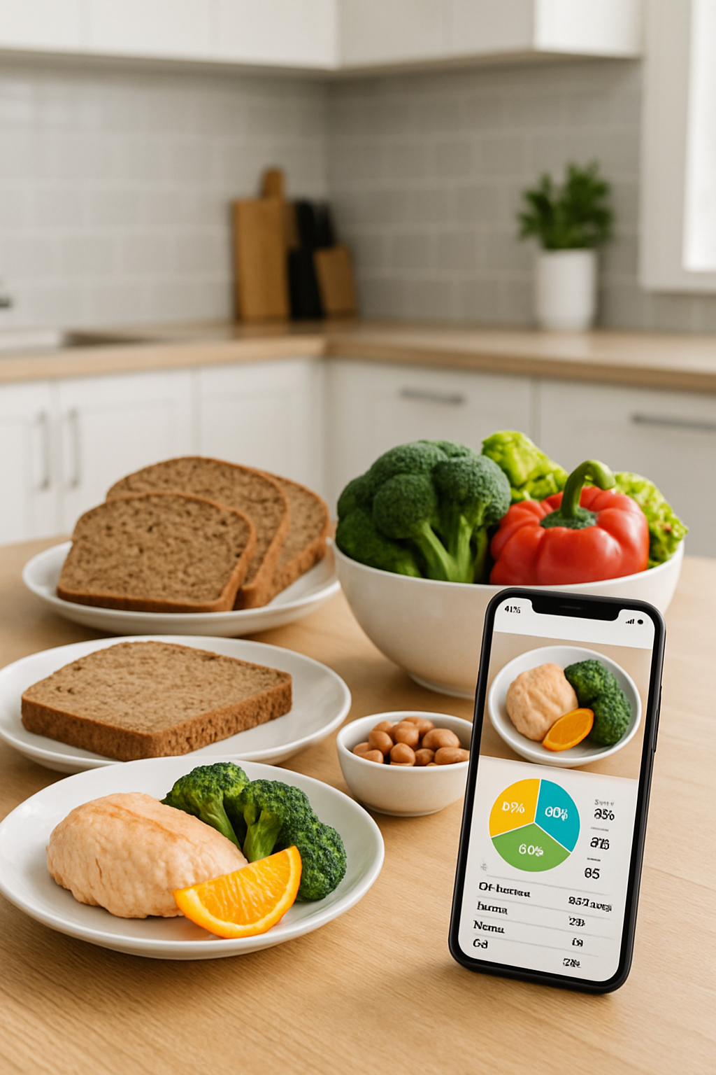 Smartphone showing the SnapEat AI app interface with a nutritional breakdown next to a healthy meal, illustrating smart nutrition tracking.