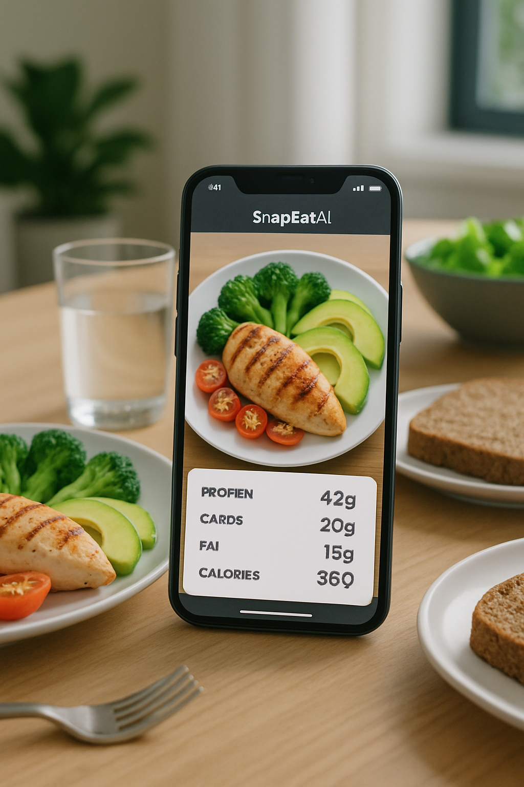 A smartphone displaying the SnapEat AI nutrition tracker app with a meal photo, set against a dark, superhero-themed background.