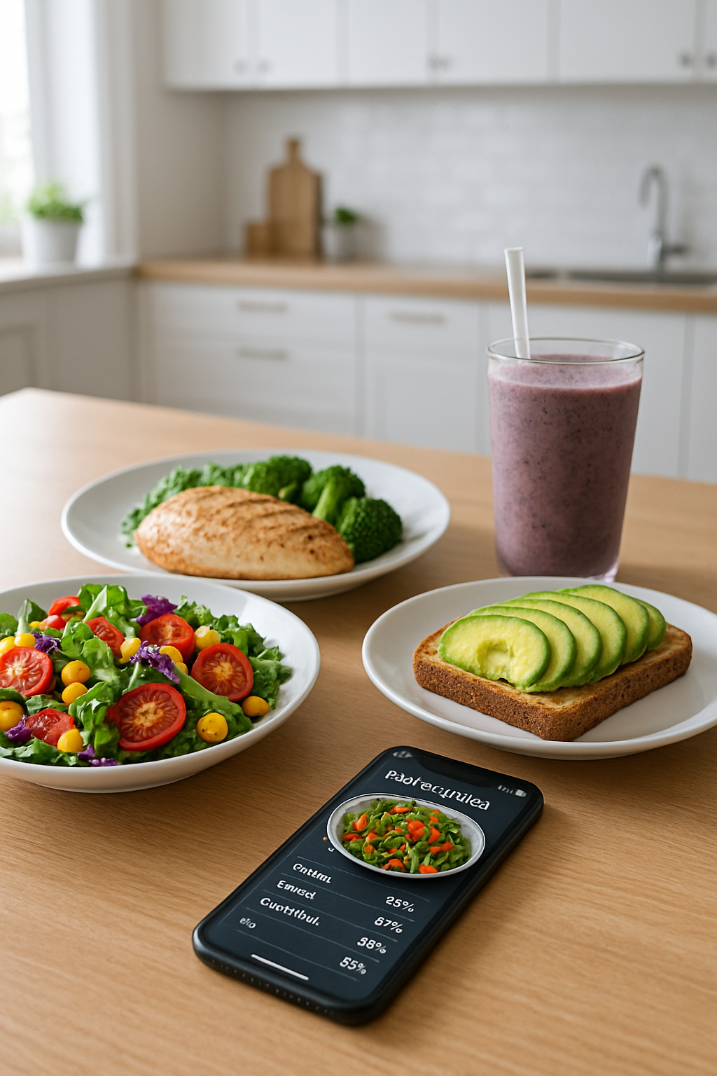 A smartphone running the Smart Calorie Snap AI calorie counter app, identifying food on a plate using its camera.