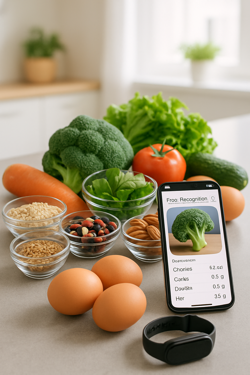 Smartphone displaying the SnapEat AI app interface, analyzing a healthy meal with nutritional data overlays, demonstrating its function as an AI nutrition coach.