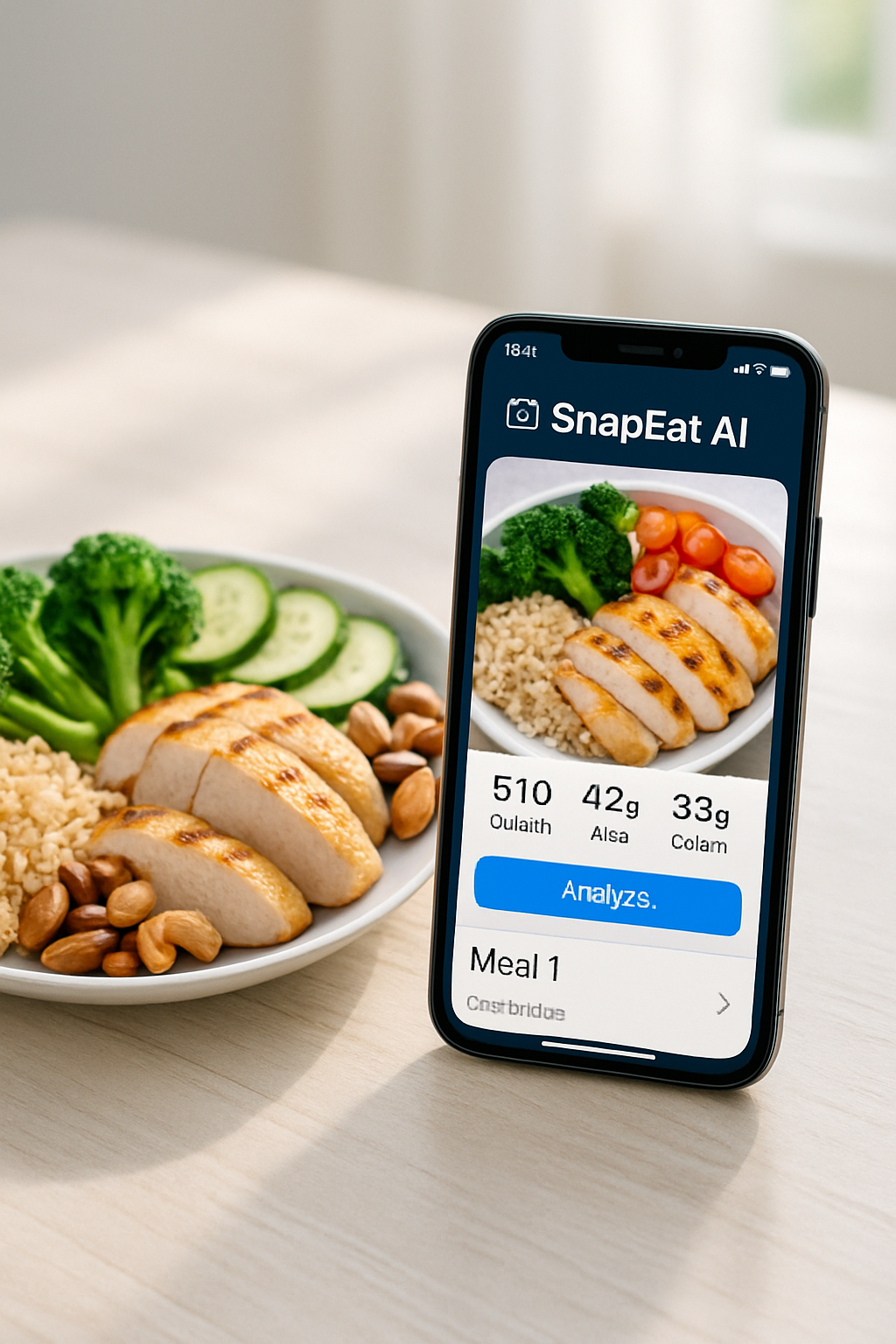 A sleek smartphone displaying the SnapEat AI nutrition tracker interface analyzing a healthy meal of salmon and vegetables.