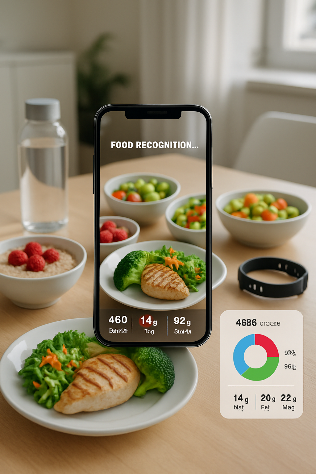 A smartphone screen displaying the Smart Nutrition App analyzing a meal of salmon, broccoli, and rice using food recognition AI.