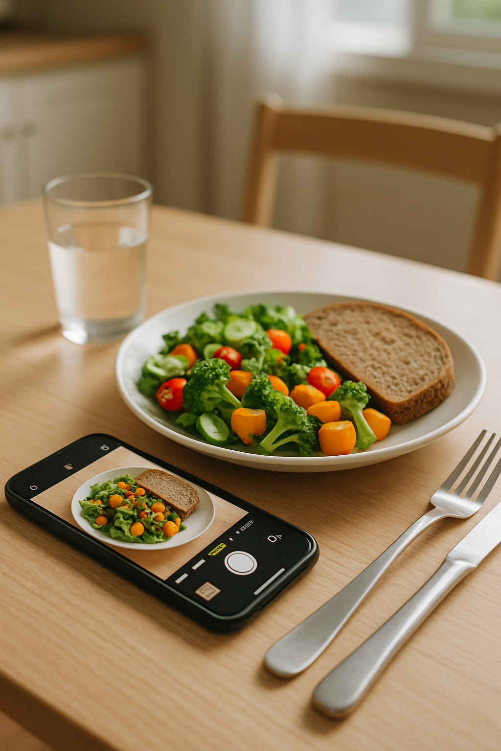Smartphone showing the SnapEat AI app analyzing a photo of a healthy meal, representing a private and smart health journey.