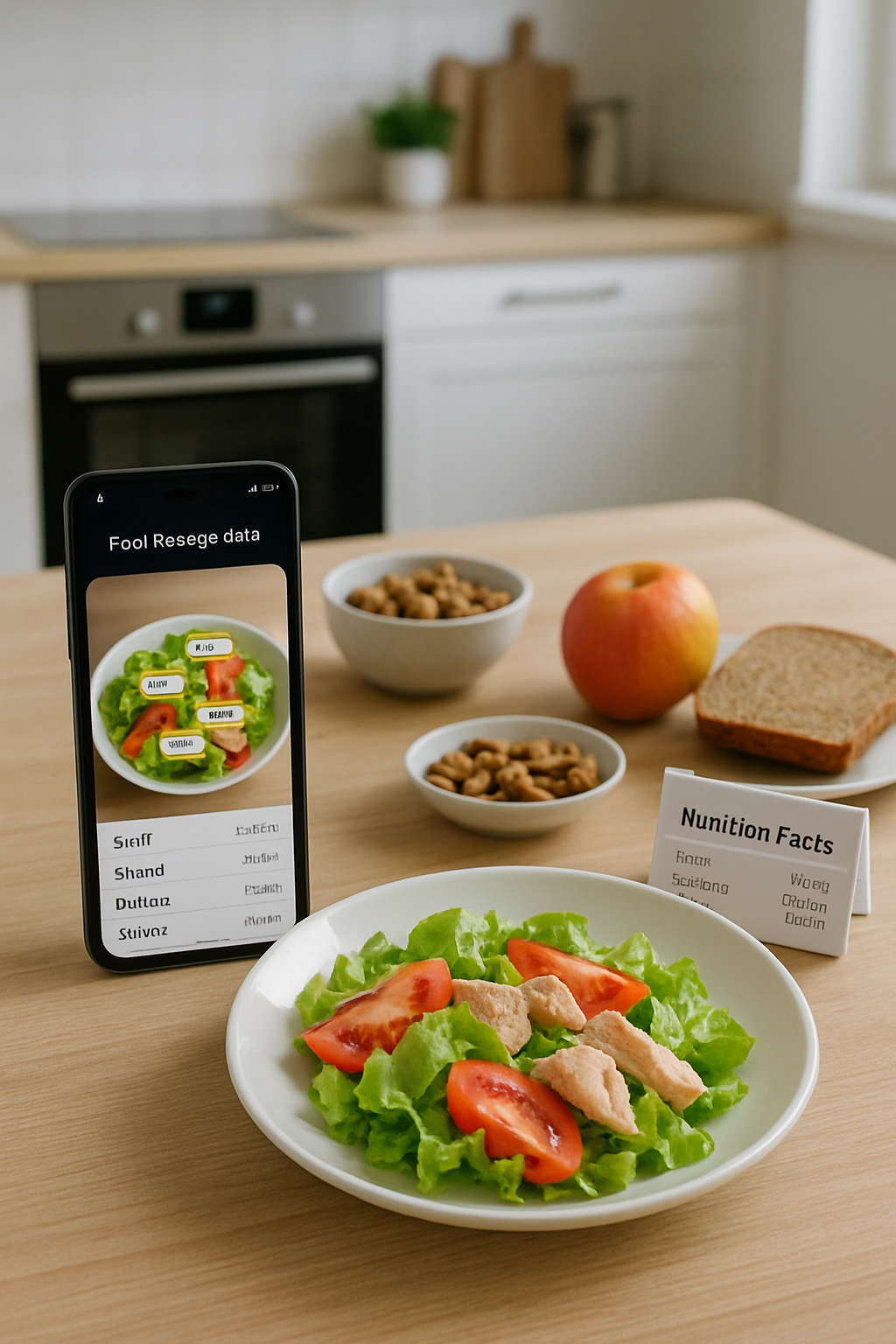 A smartphone displaying the SnapEat AI nutrition tracker app, scanning a healthy plate of salmon and avocado to get instant nutritional data.