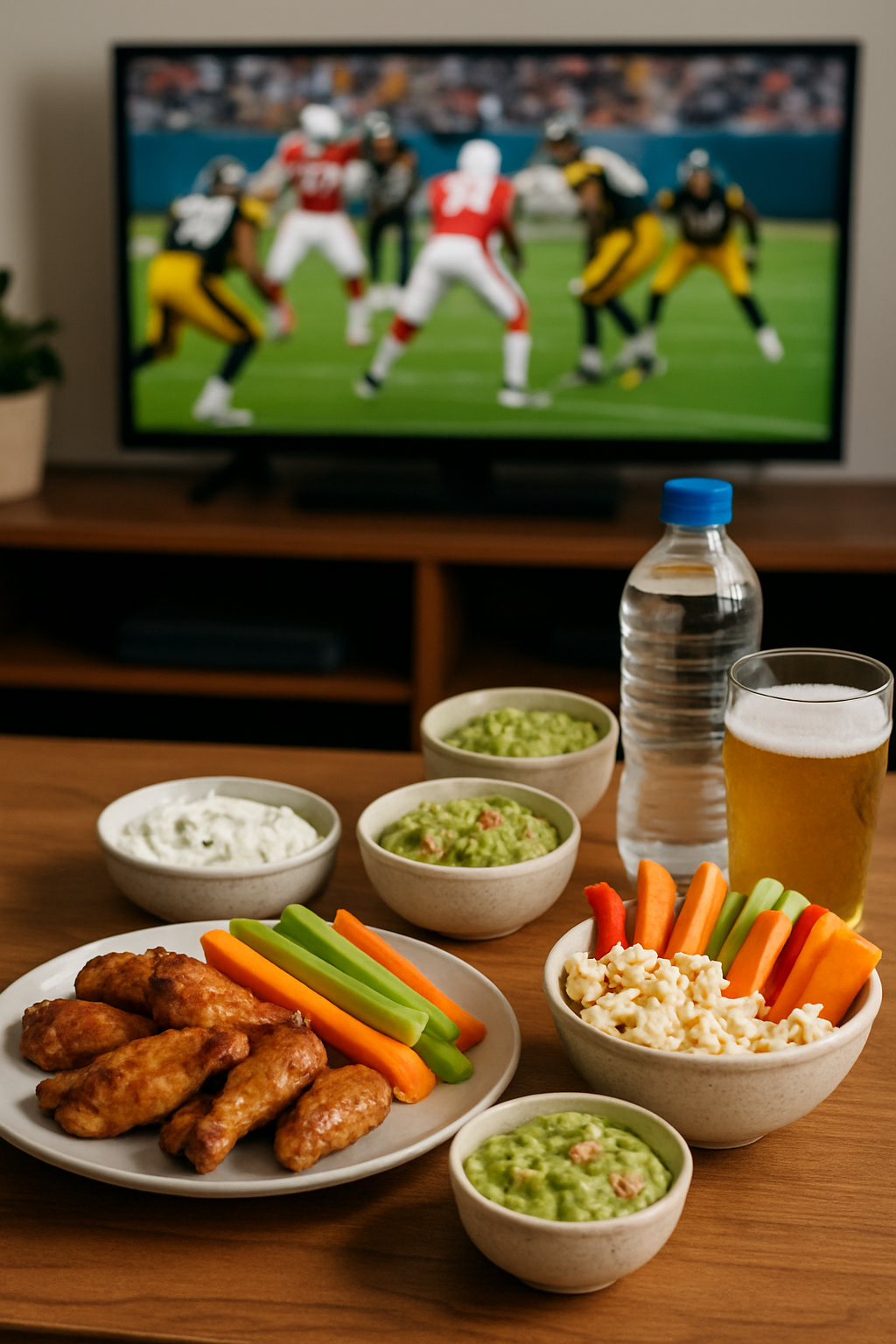 A smartphone showing the SnapEat AI nutrition tracker app next to a plate of healthy game day snacks like baked wings and veggie sticks.